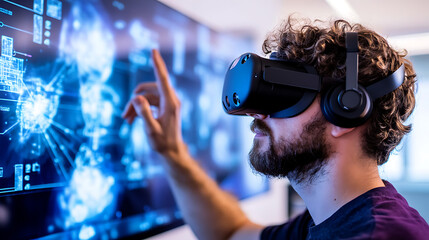 A human computer interaction researcher designing intuitive interfaces for VR headsets, UX/UI lab with VR headsets, user interaction data