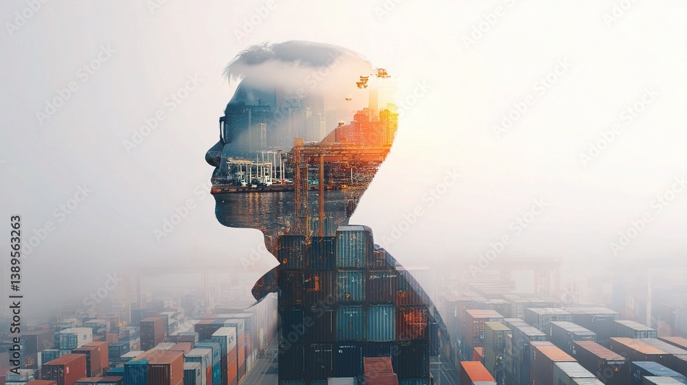 Poster double exposure of man with world map overlay in urban environment