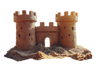 A majestic sandcastle stands proudly on a sundrenched beach, its textured walls and crenelated towers silhouetted against a sparkling ocean.
