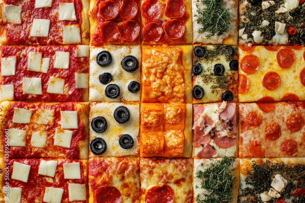 Poster colorful overhead arrangement of pizzas showcasing various toppings in a vibrant chessboard pattern