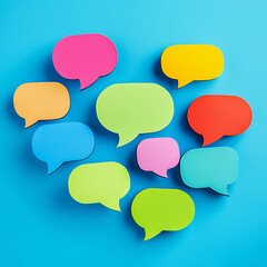 several speech bubbles in different colors on a blue background. icons and remarks. Free space for text or image. Concept of online communication or communications