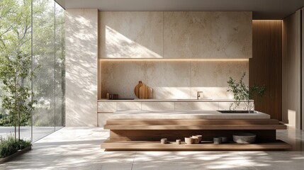 Serene natural light bathes a minimalist kitchen with garden panorama