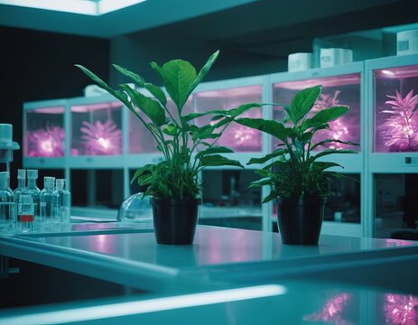 Potted green plants in a modern laboratory with vibrant purple lighting, creating a serene atmosphere.