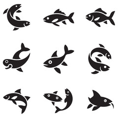 Obraz premium Set of Vector Black silhouette flock of fish. Element for your design. Logo template. with white background