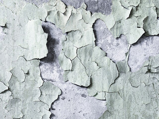 Peeling paint on the wall. Old concrete wall with cracked flaking paint. Weathered rough painted...