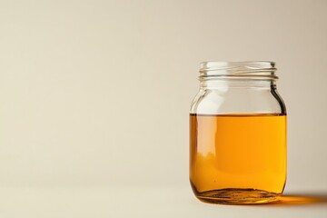 Golden honey in a glass jar on a beige background simple product shot with soft light