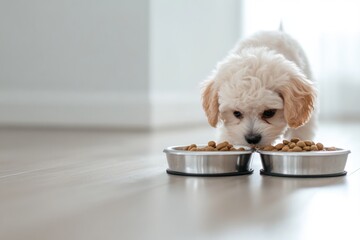 The Lapdog Eating Dry Pet Food from Steel Bowl on a Floor. Young Maltipoo Dog Eats Dog Food, Licking Tongue. Puppy Feeding at Home. White Light Dining Room Background. Pet Food Banner. Domestic Animal