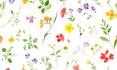 Obraz premium Vintage Watercolor Wildflower Seamless Pattern with Leaves and Plants on White