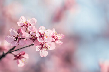 Obraz premium Delicate pink sakura flowers in full bloom on a blurred background. atmosphere of tenderness, harmony and romance. for design, advertising, postcards, backgrounds. close-up