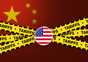 United States Tariffs on China with flag in the backdrop and yellow warning typography. Increasing import tariffs, taxes, duty tax concept backdrop
