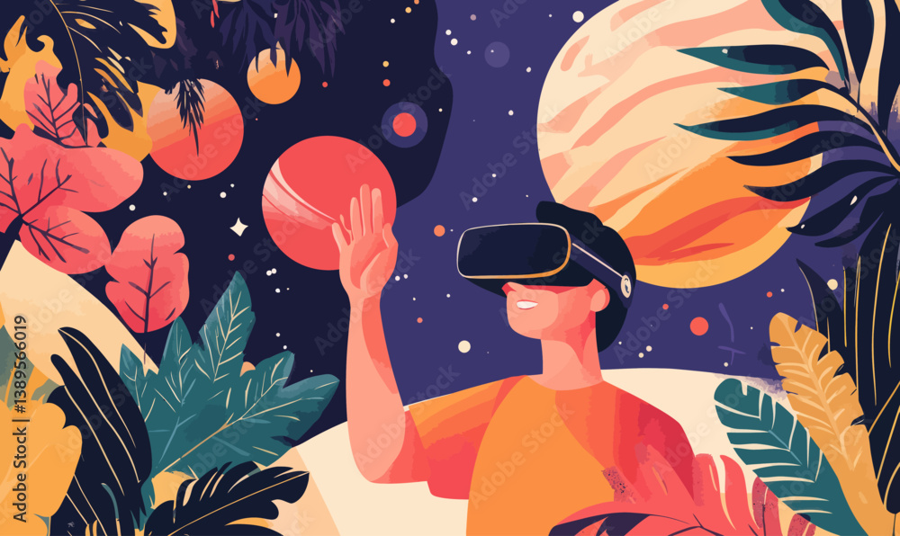 Poster virtual reality explorer in outer space vector art with planets and foliage