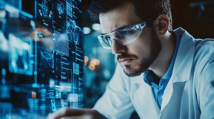 A machine learning researcher working on predictive analytics for climate change modeling, lab with climate data and machine learning models visible, High-tech style