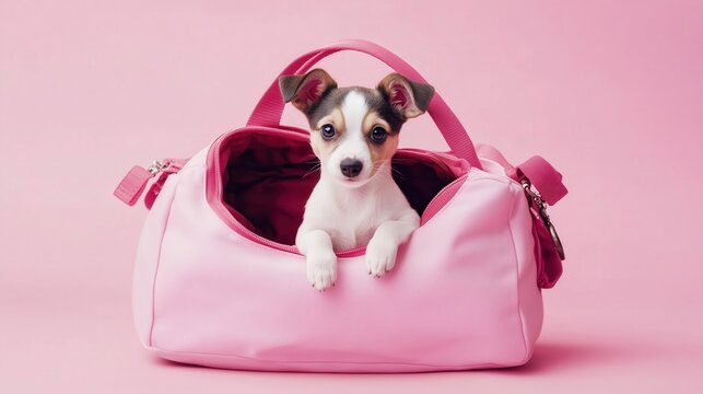 Adorable puppy peeking out of pink travel bag on pink background