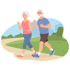 Senior couple running outdoor street and park. Fitness, wellness or healthy lifestyle. Elderly people exercise, workout or jogging. Vector Illustration