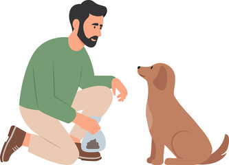 Man cleans after dog.A person cleaning excrement in a plastic bag.Vector Illustration