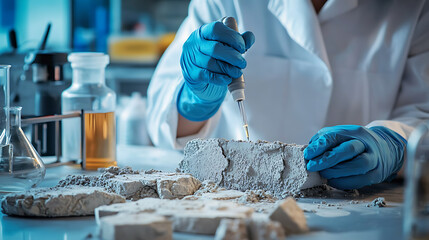 A material scientist researching self healing concrete for infrastructure, lab with concrete samples, crack testing equipment