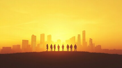 Obraz premium Businesspeople Silhouette Against Vibrant City Skyline at Sunset
