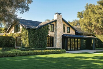 Fototapeta premium Modern stone residence surrounded by lush greenery in bright sunlight showcasing architectural elegance and serene landscaping in a tranquil neighborhood