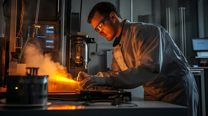 A materials engineer designing heat resistant composites for spacecraft, aerospace lab with composite materials, high-temperature testing equipment