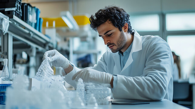 A materials scientist developing 3D printed biodegradable plastics, lab with 3D printers, plastic samples