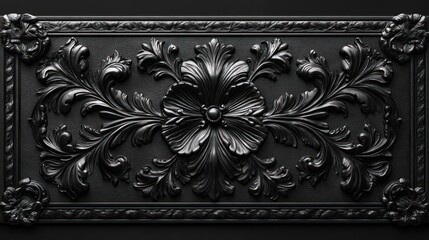 Black ornate floral panel, dark background, interior design element