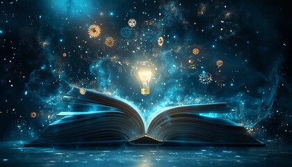 Magical open book, glowing lightbulb, cosmic energy.