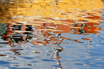 Colorful reflection on the water surface. a play of yellow and brown colors in gently rippling water. The colors form an abstract pattern. 