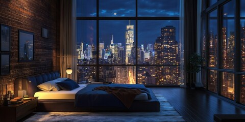 Luxurious modern penthouse bedroom with panoramic city views and contemporary design elements, at night.