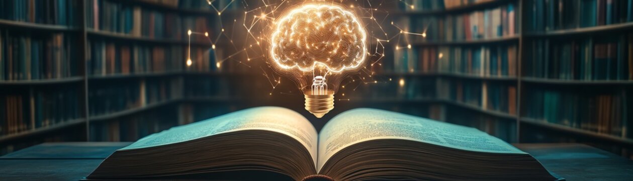 Glowing brain above open book in library. Knowledge, learning, wisdom.