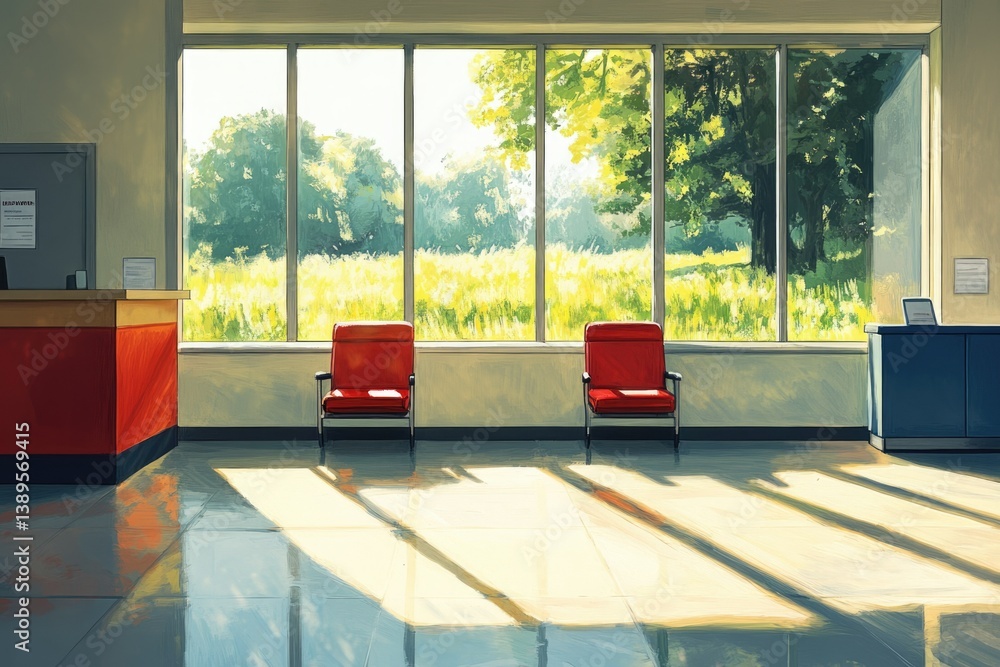 Poster An empty waiting room with two red chairs and a large window with a view of nature.