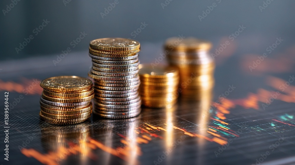 Poster double exposure of coin stacks on financial background with graphs