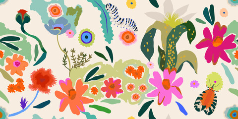 Vibrant bright flower garden pattern. Dynamic hand drawn botanical print. Fashionable template for design. 