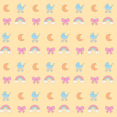 Funny Cute Baby Clothing Textile Seamless Swatch Background. Hand Drawn Doodle Infant Fabric Pattern. Cute Kawaii Whimsical Wrapping, Wallpaper Nursery Design. Vintage Elegant Retro Style. Nappy Cover