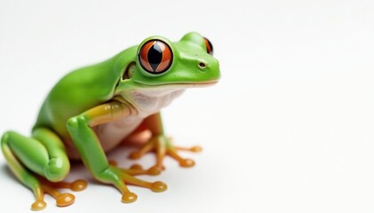 Obraz premium Green tree frog, perched on white, vibrant skin , macro, eyes