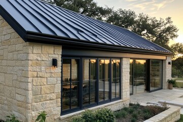 Modern stone house with large windows and metal roof in a serene landscape during sunset with a warm glow illuminating the exterior
