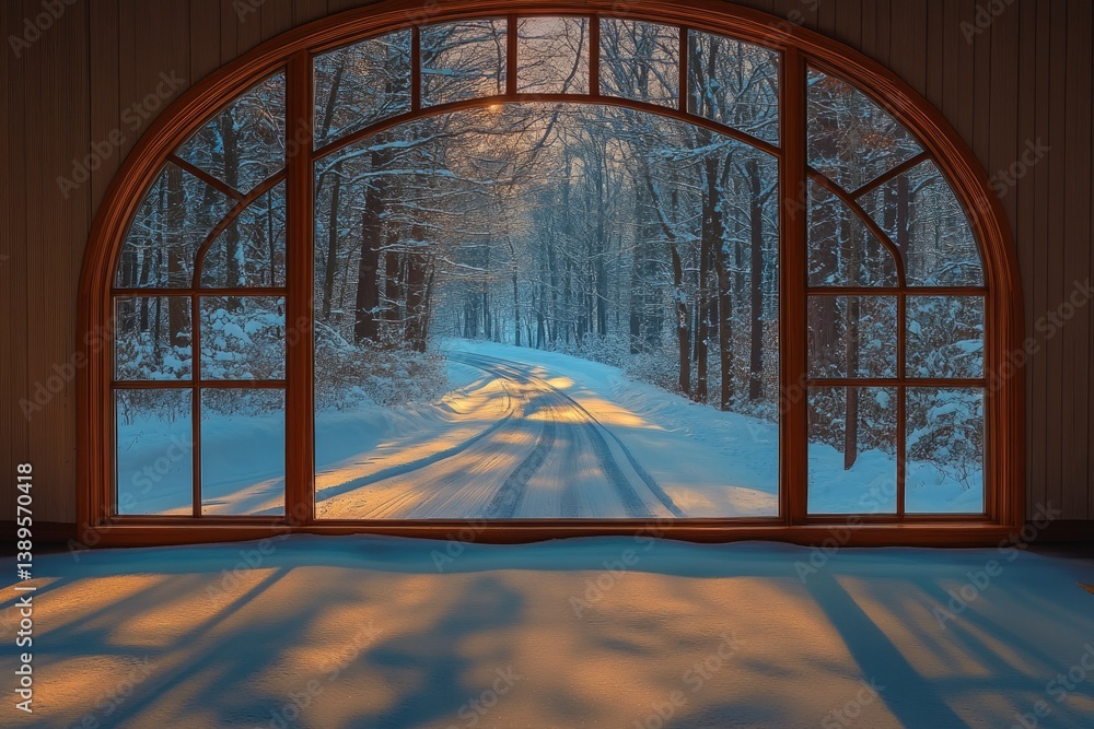 Poster snowy winter wonderland scene through a large arched window casting shadows on a bright, snow-covere