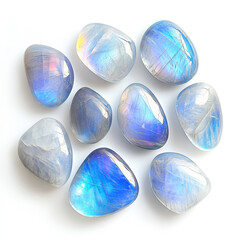 Serene Rainbow Moonstone Tumbled Stones Collection glowing iridescent blue and white hues against a bright white