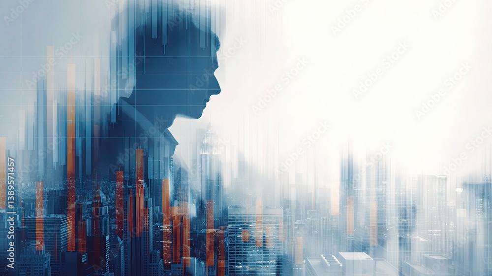 Poster double exposure business concepts with skyline and chart elements