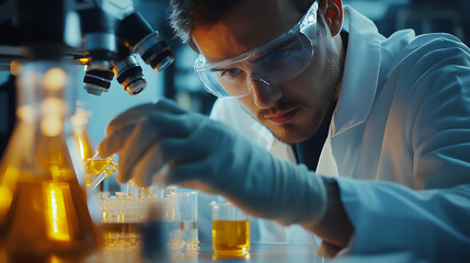 A nanotechnologist developing self healing materials for construction, lab with molecular models, nanobots