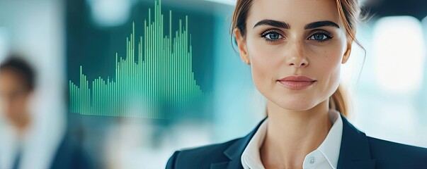Green stock market chart analysis for business growth concept. Confident businesswoman with a digital financial chart in background.