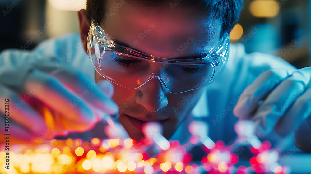 Wall mural a nanotechnology engineer developing self assembling materials for construction, lab with molecular 