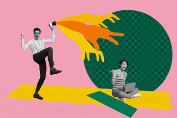 Image creative collage of girl sit use netbook pointing man winning with bullhorn hands
