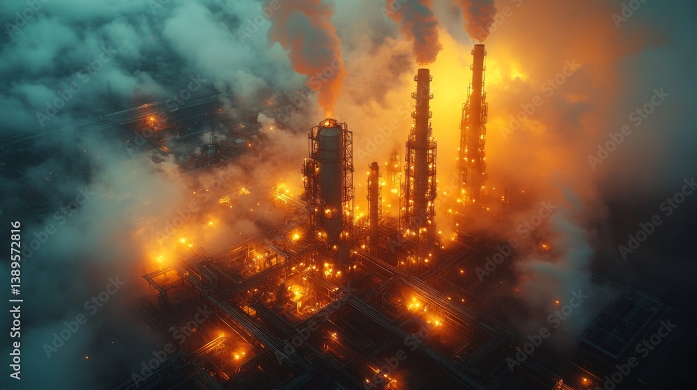 Poster an industrial facility is engulfed in flames and smoke as mining operations occur, showcasing machin