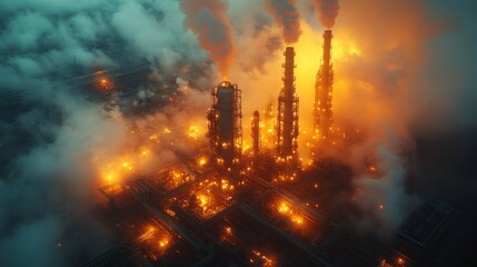 An industrial facility is engulfed in flames and smoke as mining operations occur, showcasing machinery used for excavation and mineral processing in a hazardous environment.