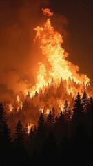 An intense wildfire engulfs a forest under the night sky, with towering flames rising above treetops. The orange glow contrasts sharply with the dark surroundings, creating a dramatic spectacle.
