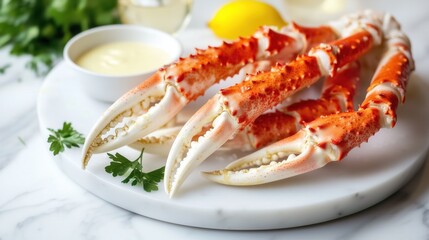 Deliciously Fresh Red King Crab Claws on a Marble Platter with Garlic Butter Sauce, Garnished with Fresh Herbs and Lemon, Evoking a Culinary Feast Atmosphere for Seafood Lovers