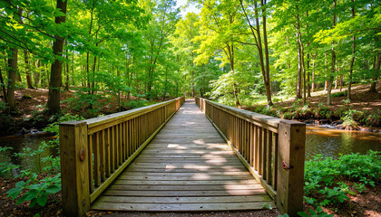 Fototapeta premium Rustic log bridge spanning tranquil forest river, nature's serenity
