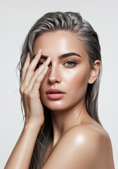 Fototapeta premium Elegant Woman with Long Gray Hair Portrayed Against a Clean White Background Capturing Timeless Beauty - Created by AI