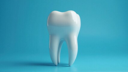 A shiny, oversized tooth stands prominently against a soothing blue backdrop, emphasizing dental health and hygiene. The playful design captures attention and conveys a sense of cleanliness.