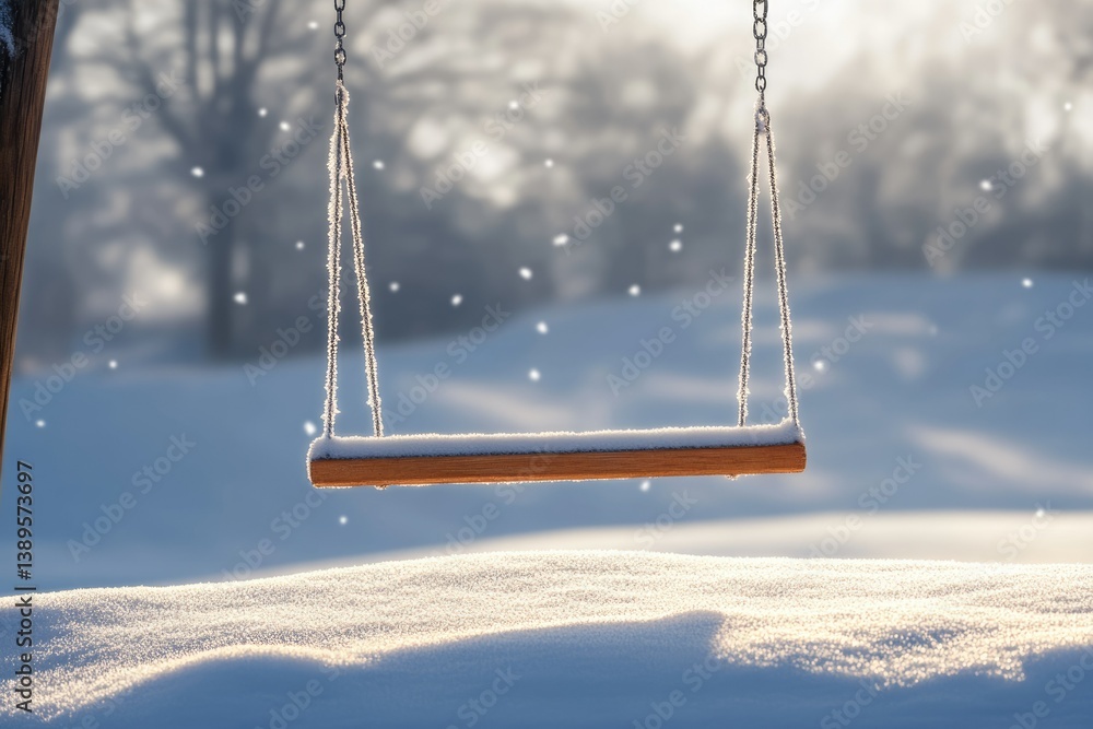 Poster a serene winter landscape features a snow-covered swing gently suspended against a backdrop of soft,